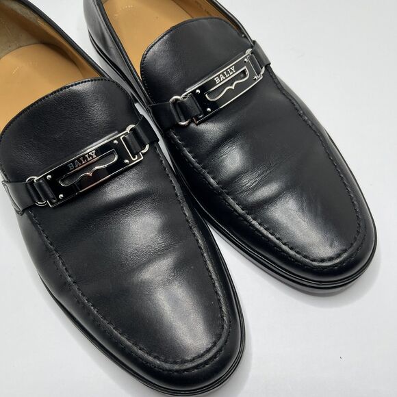 BALLY Black Leather Loafers Dress Shoes Silver Buckle Logo Men’s Size 8 D RARE main image 8